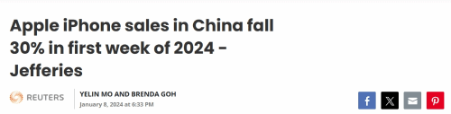 杰富瑞：2024年首周苹果iPhone在中国销量暴跌30%