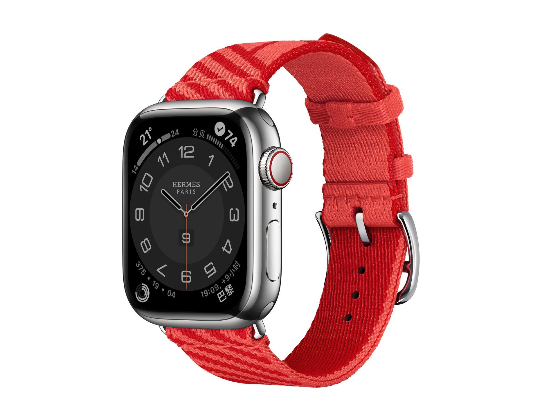 Apple（苹果）Watch Series 8 Hermès 银色不锈钢表壳Jumping Single Tour 表带 Rose Texas/Rouge Piment