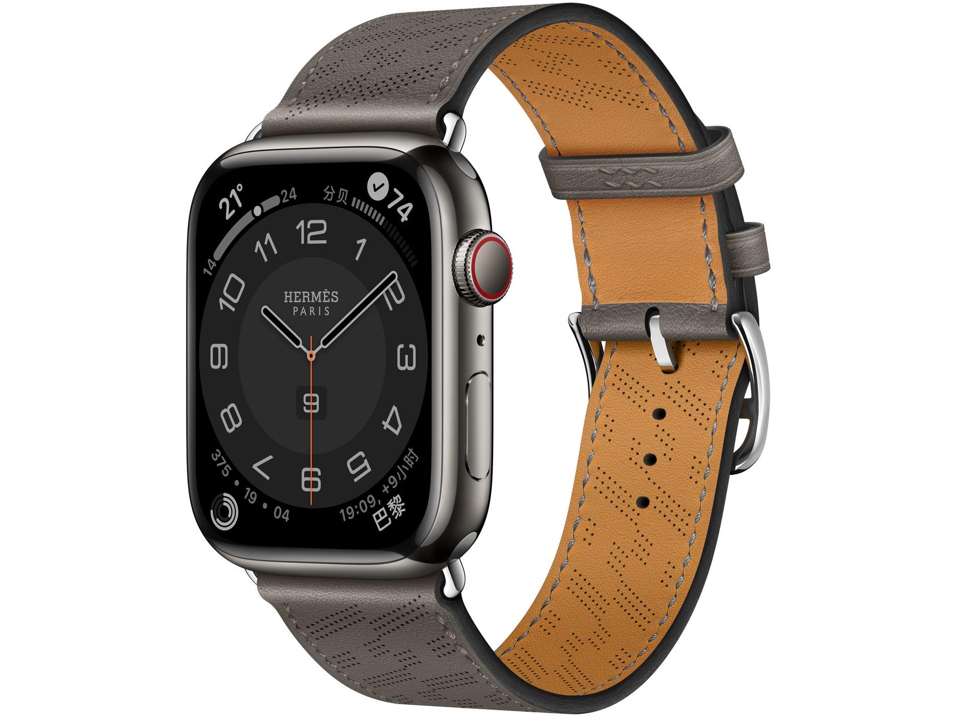 Apple（苹果）Watch Series 8 Hermès 深空黑色不锈钢表壳H Diagonal Single Tour 表带 Gris Meyer 深灰绿