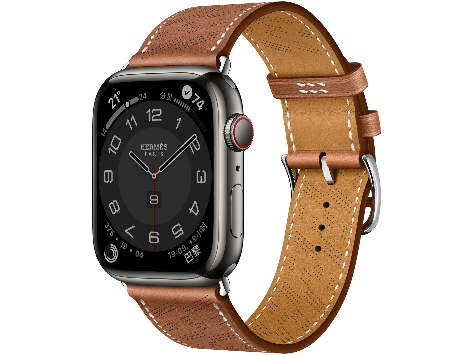 Apple（苹果）Watch Series 8 Hermès 深空黑色不锈钢表壳H Diagonal Single Tour 表带 Gold 金色 蜂窝网络