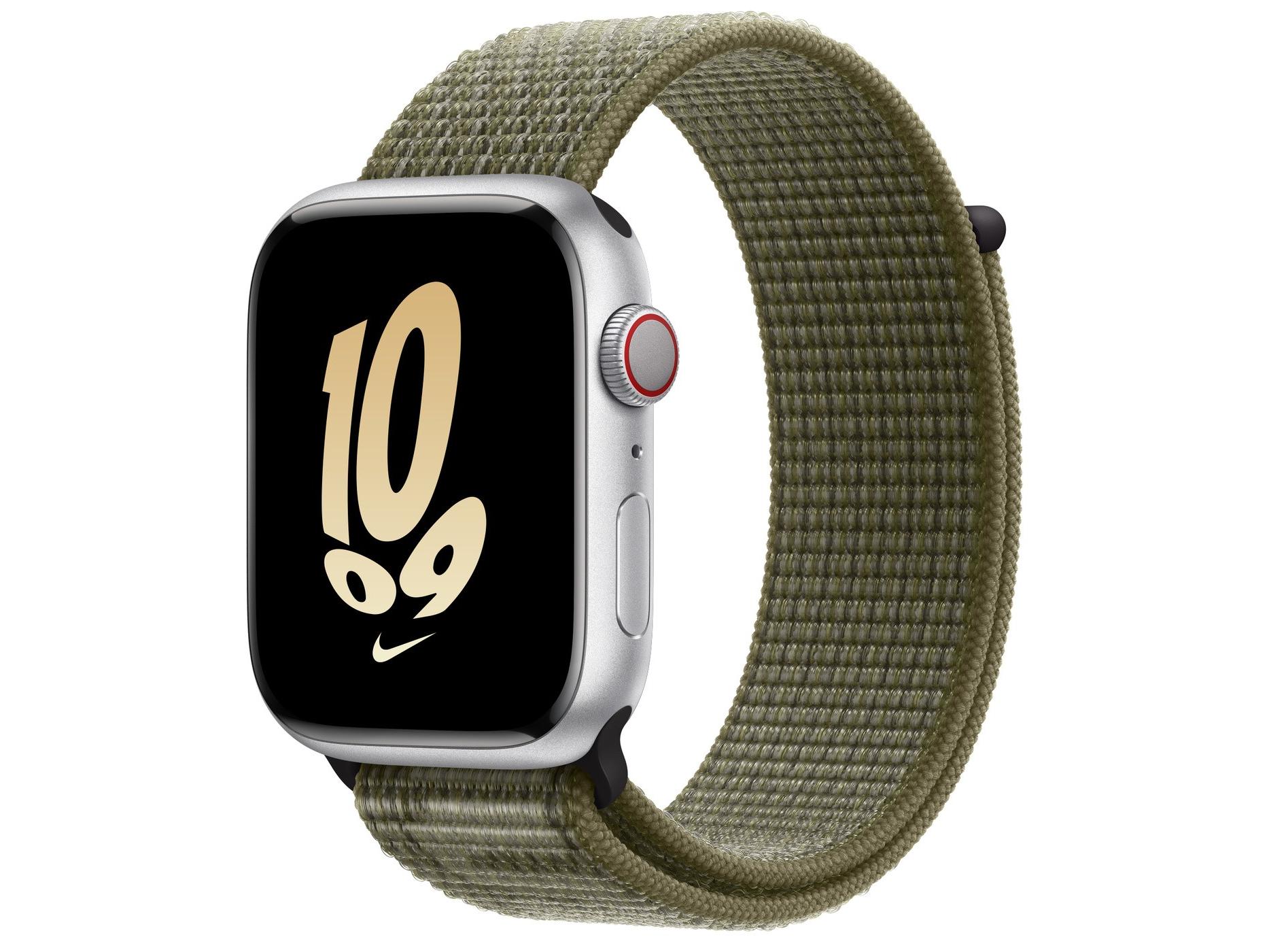 Apple（苹果）Watch Series 8银色铝金属表壳Nike回环式运动表带 暗杉绿配白金色 GPS+蜂窝网络 41mm