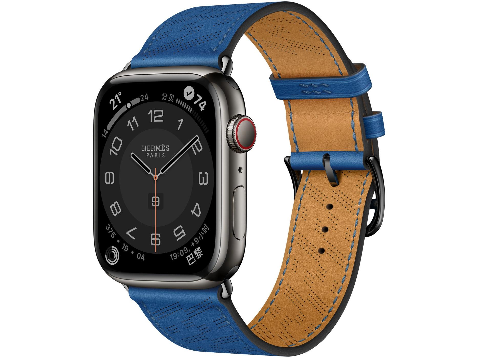 Apple（苹果）Watch Series 8 Hermès 深空黑色不锈钢表壳H Diagonal Single Tour 表带 Bleu de France 法