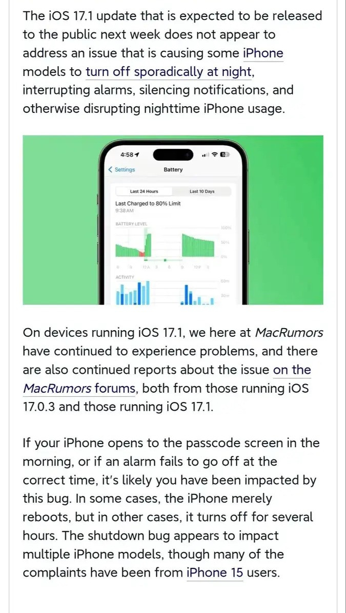 苹果iOS 17.1 RC 修复未果：iPhone夜间关机问题依旧存在